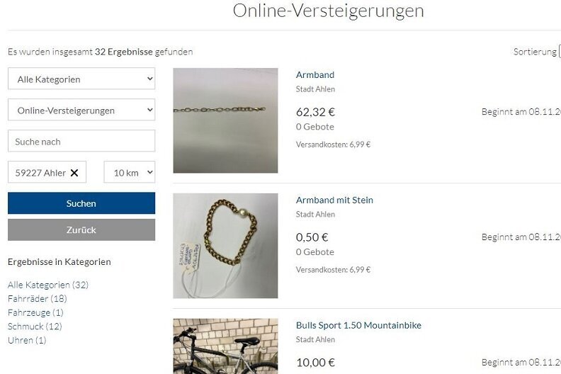 Online-Versteigerung von Ahlener Fundgegenständen