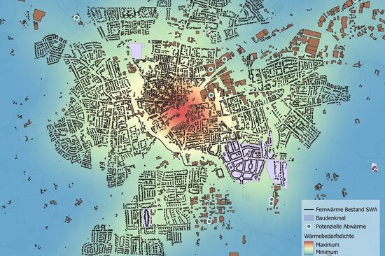 Foto: Die „Heatmap“ zeigt an, wie der Wärmebedarf sich im Stadtgebiet aktuell darstellt. Im stark verdichteten Innenstadtbereich ist er am größten. Zum Rand nimmt er ab.