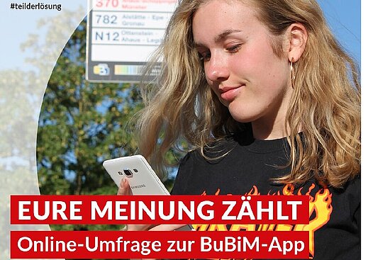 Foto: Junge Frau mit Smartphone - Text: "Eure Meinung zählt"